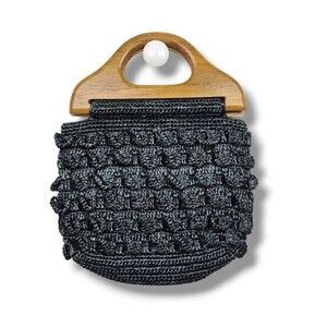 Nicole Miller Knit Boho Clutch Summer Bag Wood Handle Purse Handbag Snap Button